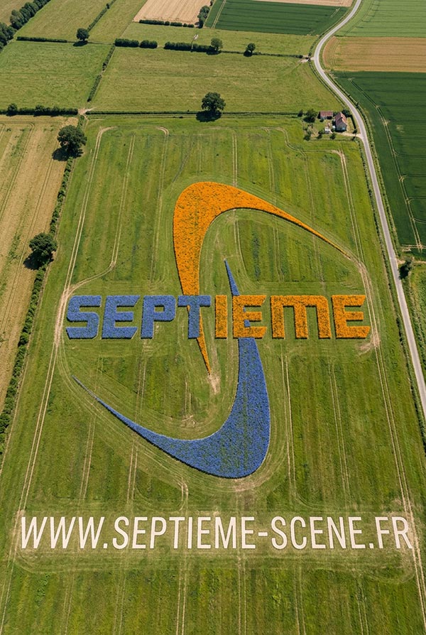 Logo Septième Scène dans un champ de fleurs, vue aérienne